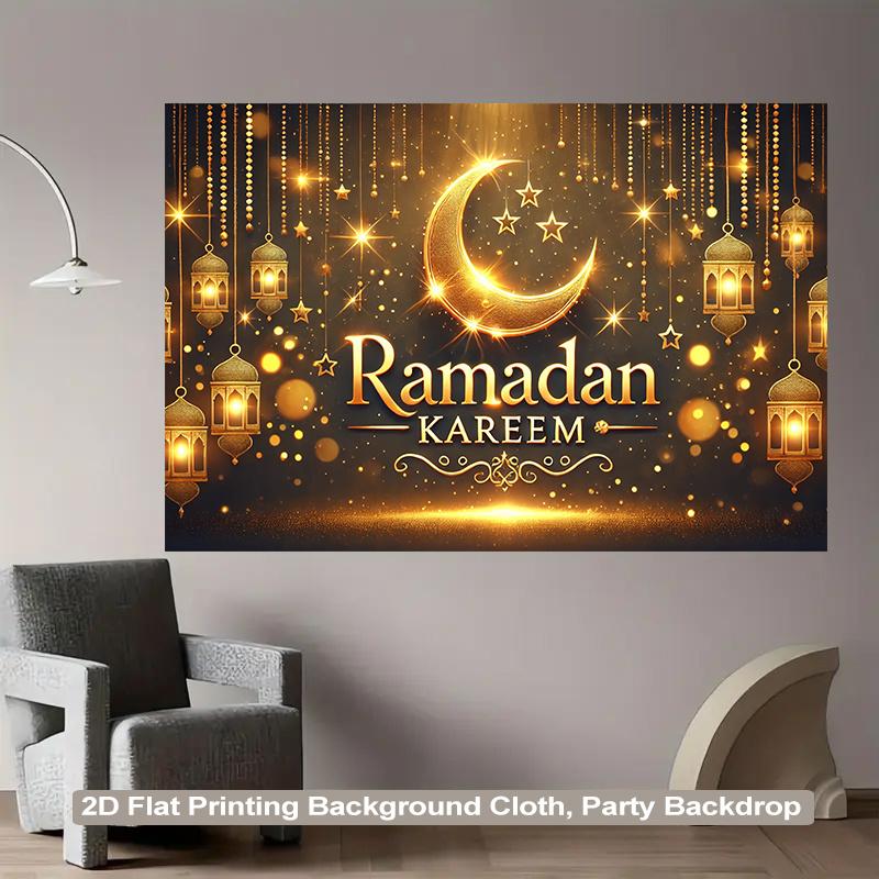 1PC,2D Flat Ramadan Kareem Party Backdrop, Golden Moon Star Lantern Pattern Background Cloth, Eid Festival Decoration Backdrop, Indoor Outdoor Event Scene Setting Banner, Islamic Ramadan Theme Party