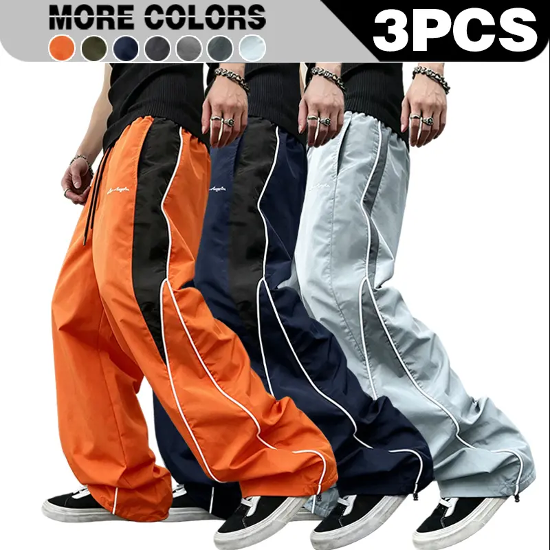 Retro color blocking splicing quick drying work pants for boys, high street hanging feeling, wide leg reflective strip, loose casual paratrooper sports pants