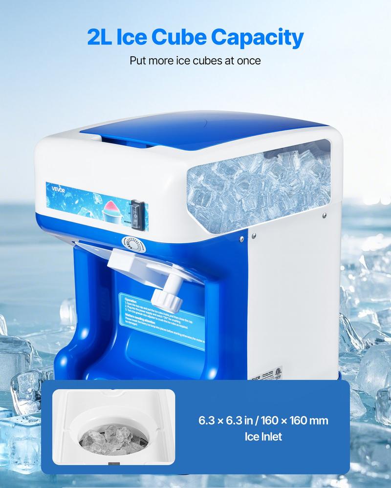 VEVOR Commercial Ice Shaver Crusher, 286lbs Per Hour Electric Snow Cone Maker with 2L Ice Cube Box, 250W 1500RPM Tabletop Shaved Ice Machine for Parties Events Snack Bar, Home and Commercial Use (Blue)