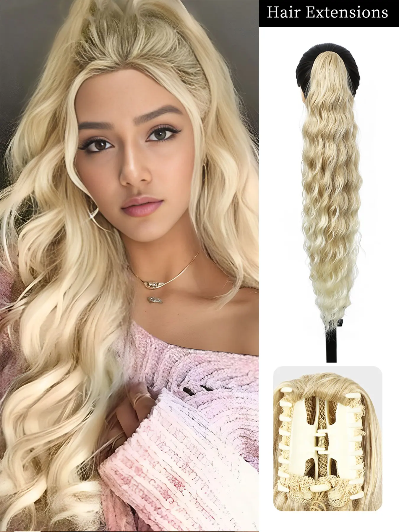 Ponytail Extension, 26 Inch Claw Clip in Hair Extensions, Hold Securely Tangle-Free,Long Wavy Natural Looking Synthetic Pony Tails for Daily Use (Light Blonde Highlight)