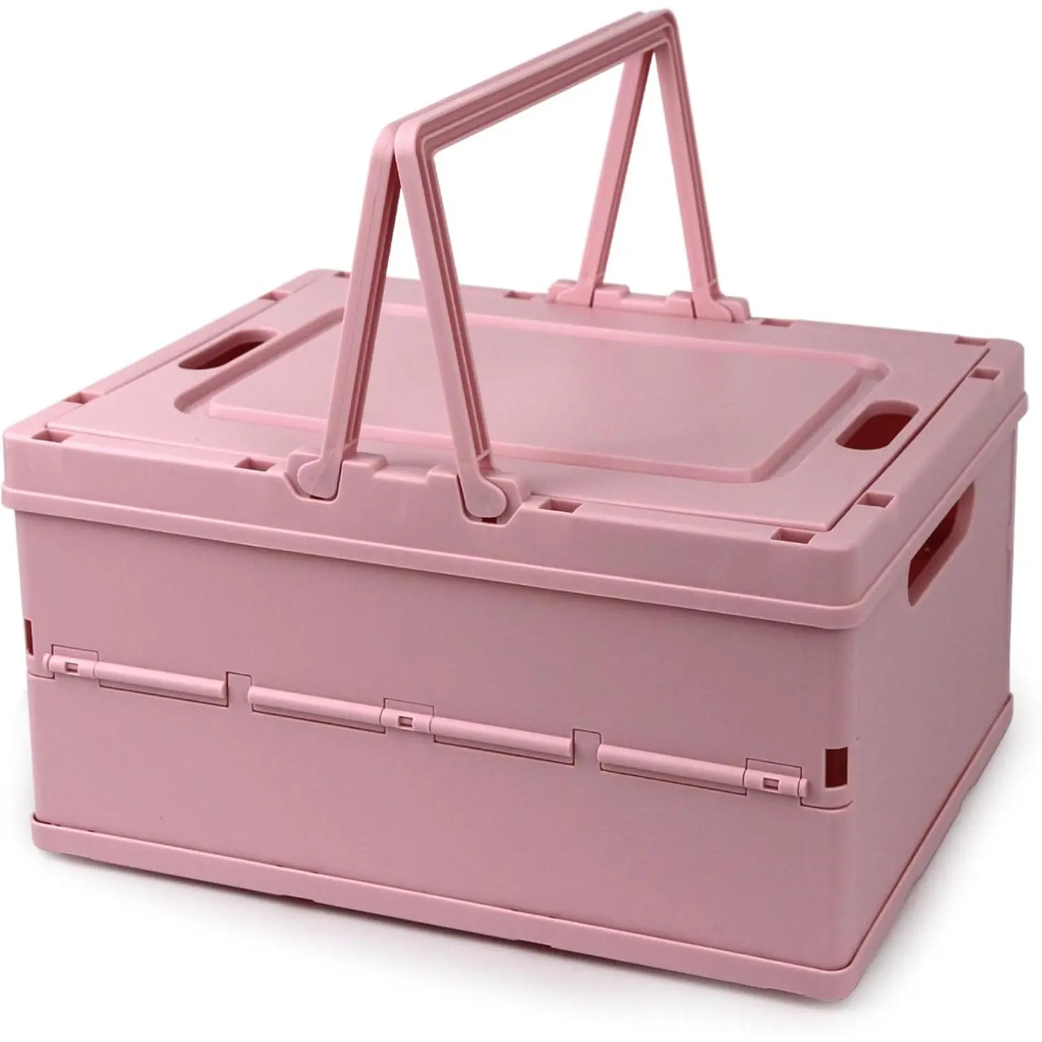 Collapsible Storage Crate, Foldable Plastic Basket with Lid and Handle, Foldable Storage Box Crate Bin for Home Kitchen Office Bathroom Bedroom Bedroom Pantry (Pink)