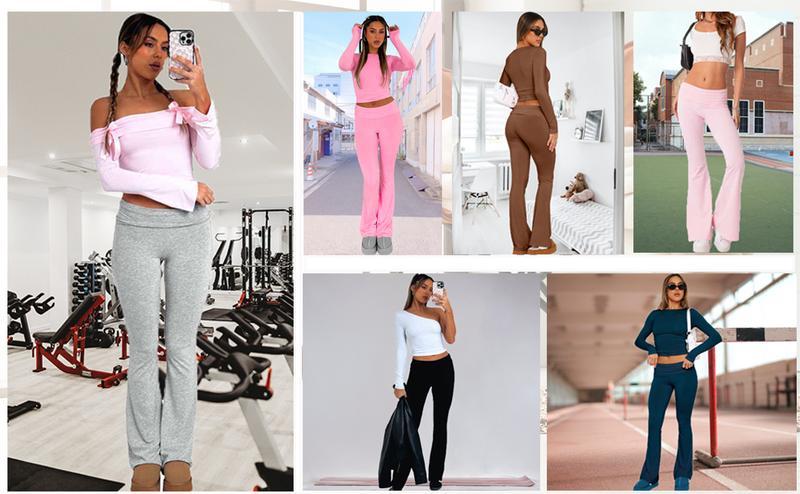 THE WELL KEPT Leggings, Low Rise Bootcut Wide Leg Foldover Yoga Pants Lounge Y2k Bell Bottom Leggings for Women