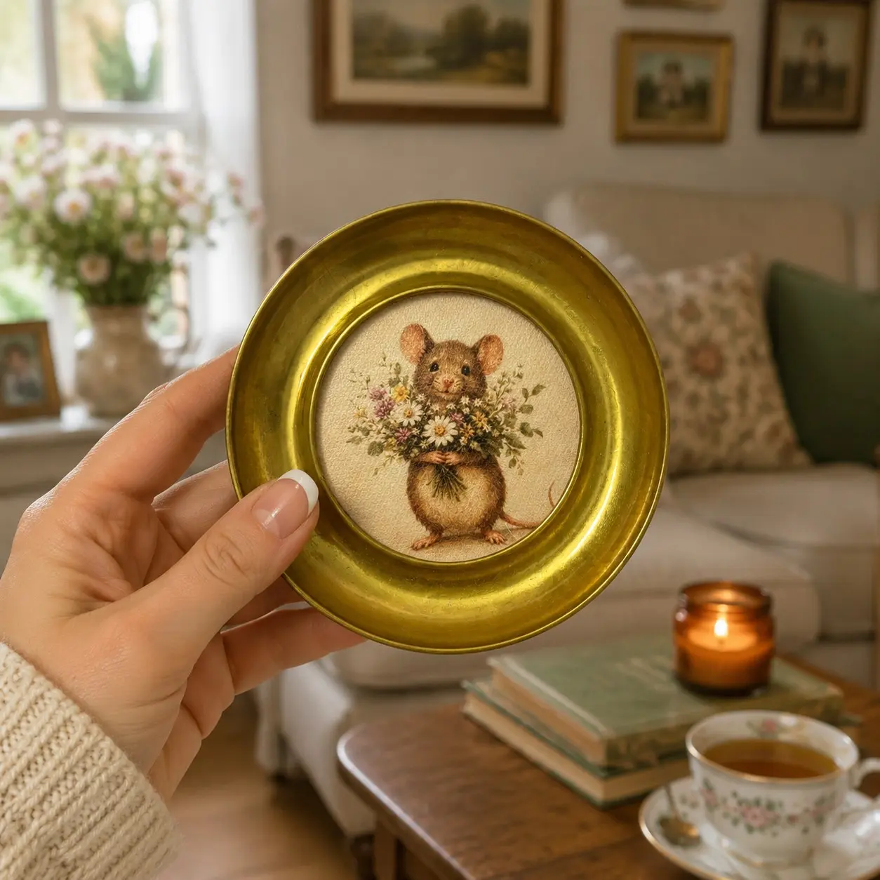 Floral Mouse Wall Decor, French Country Style, Vintage Round Frame, Canvas Print, Cottagecore Home Decoration, Living Room Bedroom