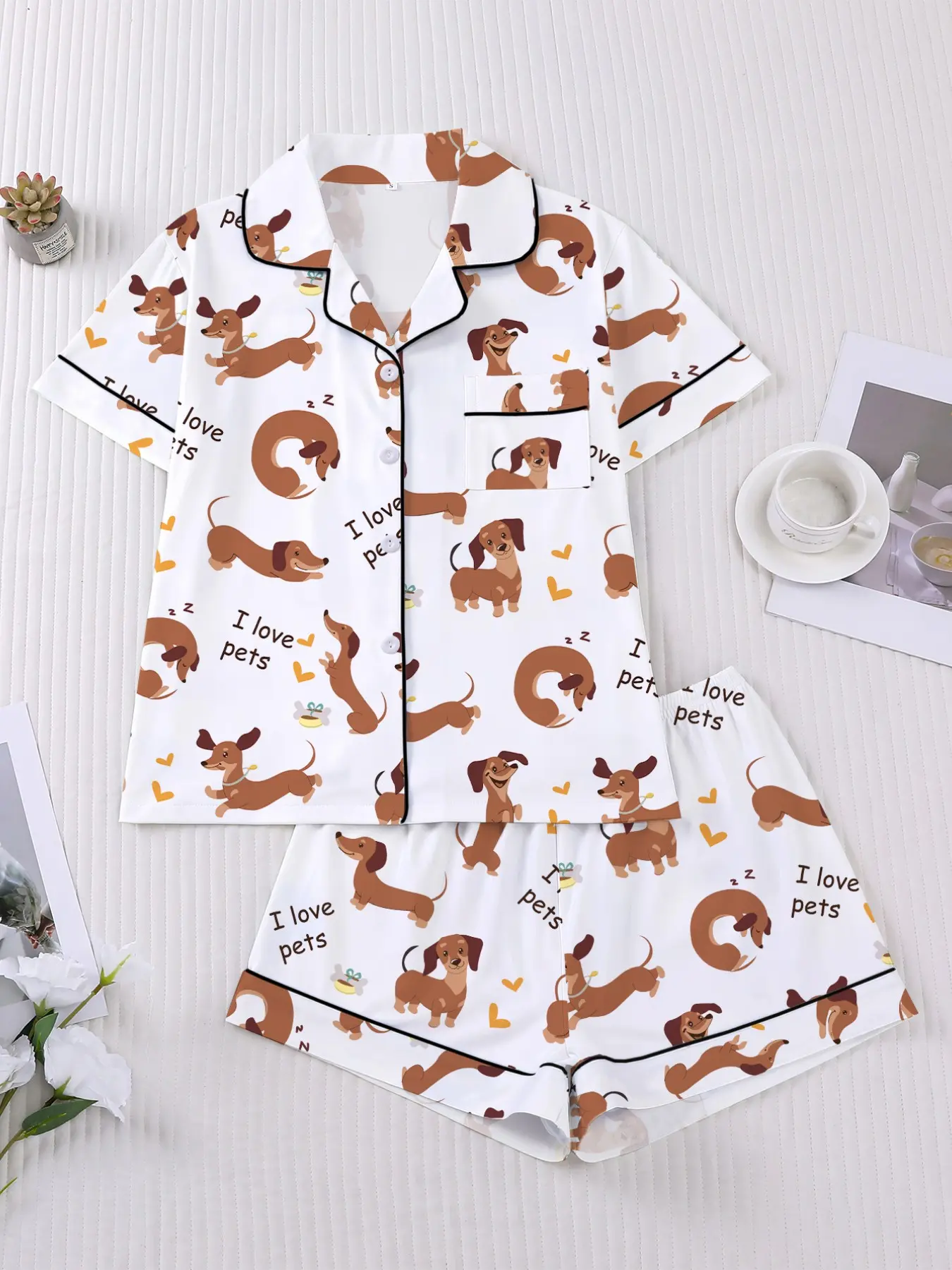 Women's Cartoon Pug Print Pajama Set, Short Sleeve Button Front Top and Elastic Shorts, Elegant Fitted Sleepwear for All Seasons