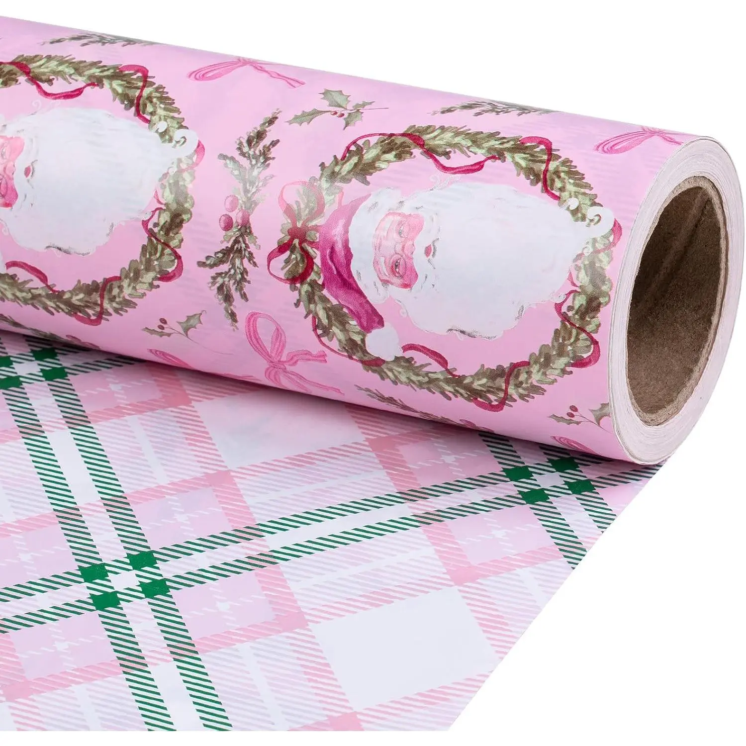 Reversible Christmas Wrapping Paper Roll, Mini Roll,  Santa Claus, Floral Wreath, Bow Design, Green    Wrap for Girls, , Family, Holiday Gifts, 17 Inches x 16.4