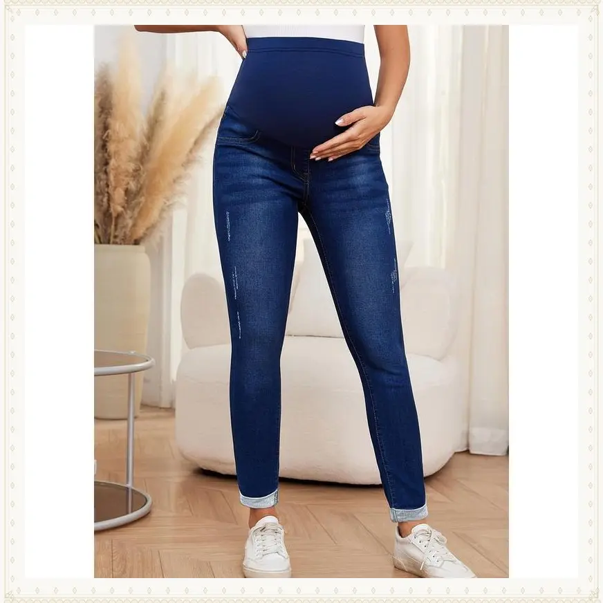 Comfy & Stretchy Maternity Skinny Jeans - Mid-Elastic Waist, Soft Denim with Stretch, Elegant Casual Style for Pregnant Women, All-Season Wear, Dark Blue with White Stitching, High-Waisted Design, Maternity Clothes