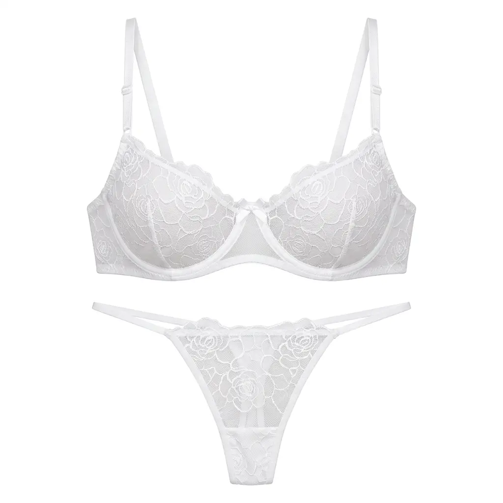 White Rose Floral Lace 2 Piece Intimates Set Adjustable Thin Straps Breathable Mesh Home OOTD Gift For Her comfortable lingerie