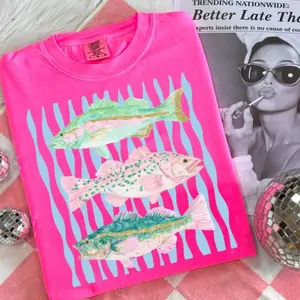 Comfort Outfit Colors Preppy Lake Life Neon Shirt, Pastel Fish Shirt for Summer, Summer Outfit for Men and Women Gift For Her, Cotton Fabric