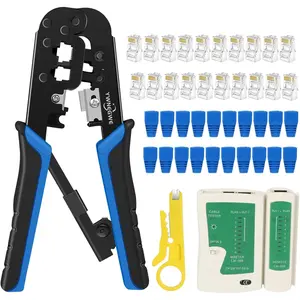RJ45 Crimping Tool Kit Ethernet Crimp Set for RJ11 6P/RJ12/RJ45 8P, 3-in-1 Crimp Cut Strip Function, with 20PCS CAT5 CAT5e Connectors Covers, 1 Network Cable Tester, 1 Wire Stripper