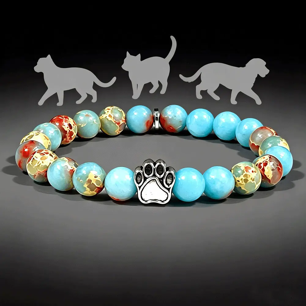 Cat Dog Paw Bracelet - Blue Green White Stone Beaded Bracelet with Paw Print, Pet Lover Jewelry, Comfortable Stretch Bracelet for Daily Wear