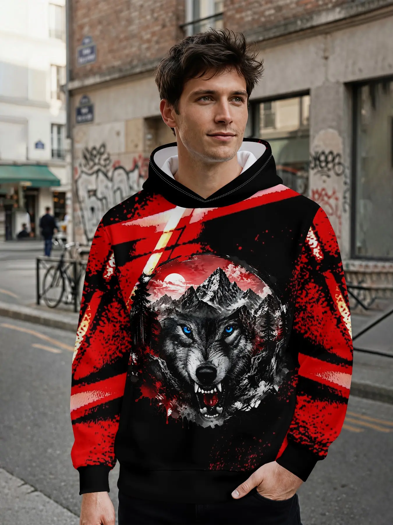 Men's Hooded Sweatshirt with Wolf Head Digital Print, All over Print, Casual Fitted Style, Perfect for Spring & Fall, Ideal Gift