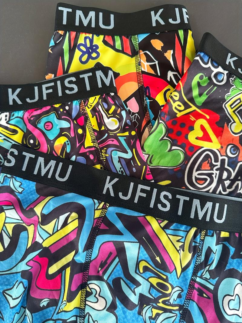 4pcs Men's Boxer Panties (KJFISTMU) – trendy printed, hot fashion. Soft, comfortable, breathable, Ideal as personalised gifts, casual daily essentials. Stylish, fashionable undergarments in multipack. Features curved zipper closure. Menswear Socks
