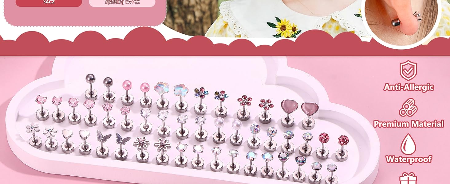 CASSIECA 24Pairs Hypoallergenic Earrings for Girls Women  Screw Back Earring Cute  Earrings 4mm Tiny Screwback Flat Back Stud Earring