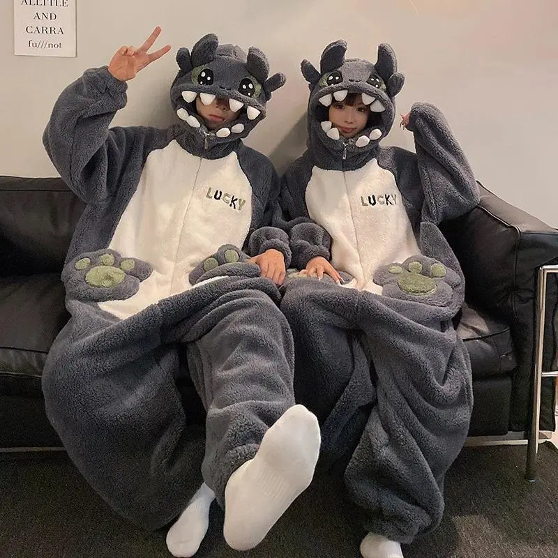 Couple's Cartoon Plush Jumpsuit Pajamas - Christmas Winter Thick Longsleeves Casual Clothing Sets, Matching BF and GF Couple Outfits Set, Adult Cosplay Homewear for Festive Parties