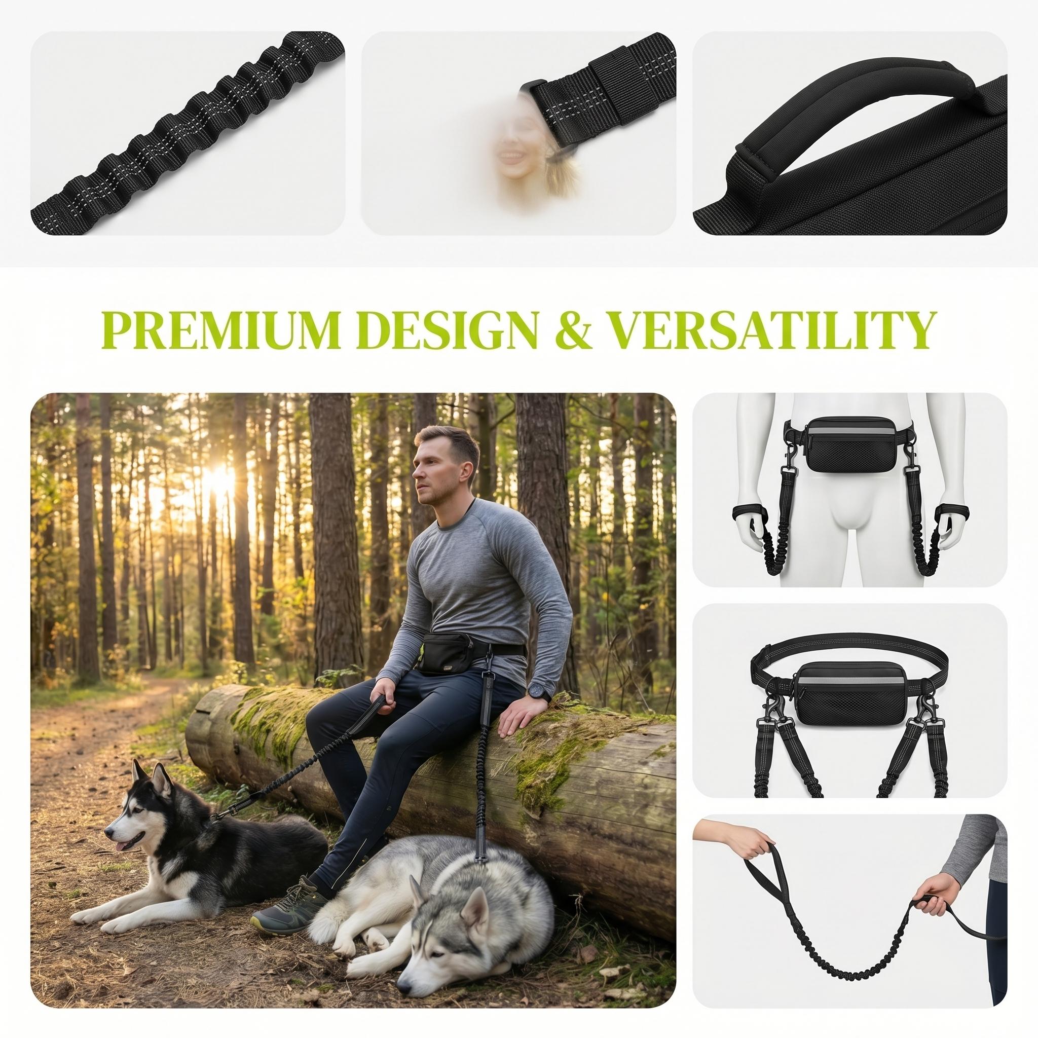 Hands-Free Dog Running Leash with Waist Belt| Adjustable Reflective Bungee Leash, Dual Handles, Shock-Absorbing for Medium & Large Dogs Walking, Jogging & Hiking