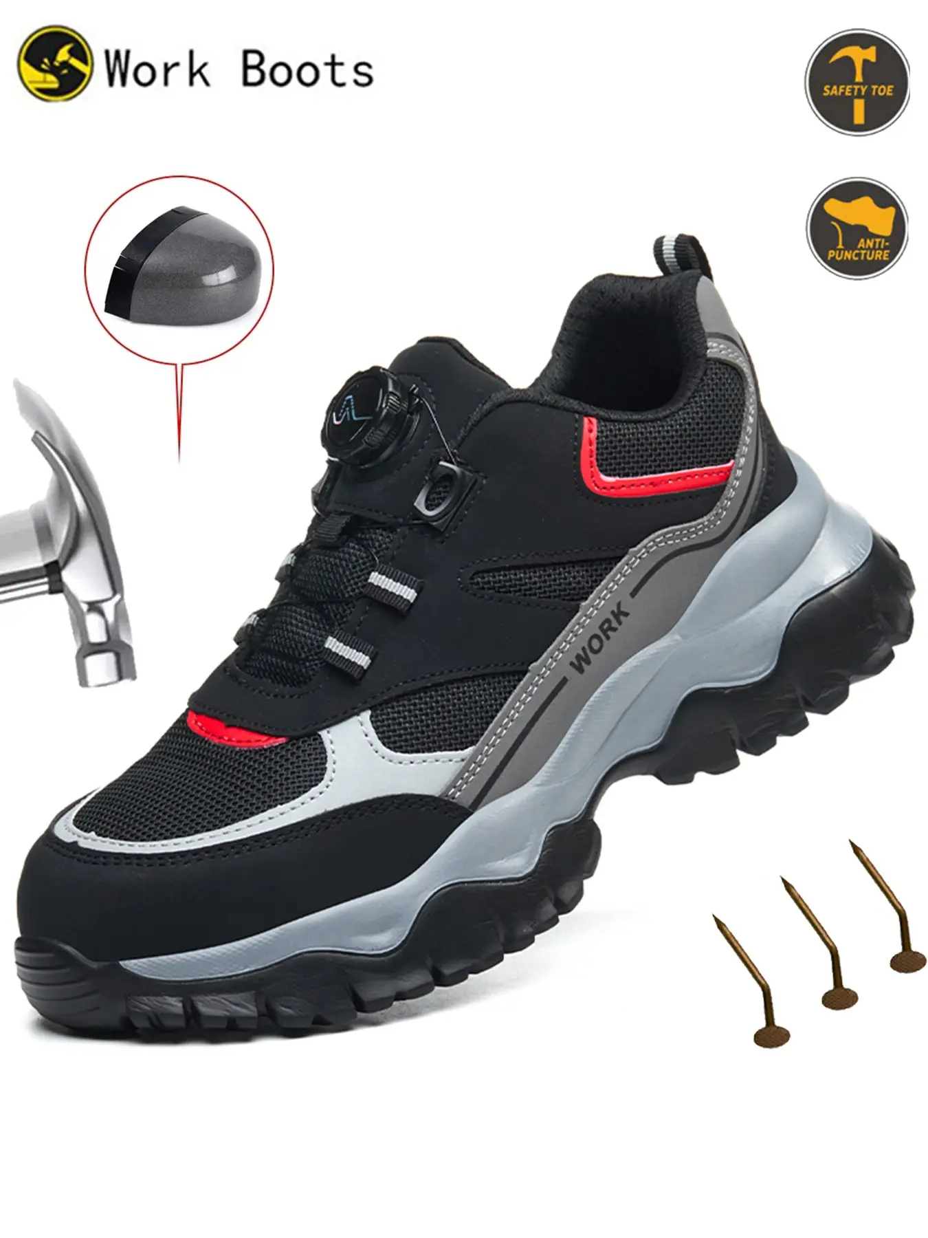 Steel Toe Workwear Shoes for Men Lightweight Breathable Comfortable Safety Footwear Working Shoes Anti-smash Anti-Punctur Rotary Buckle Protective Shoes Industrial & Construction Safety Shoes