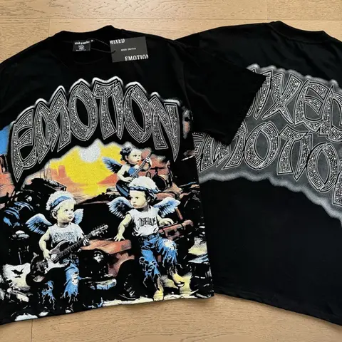 Men's Mixed Emotion Diamond Angel Graphic Tee - Vintage Washed Soft Cotton Streetwear Clothing, Loose-Fit Oversized Good Graphic Shirts, Summer Short-Sleeve Hip Hop Top