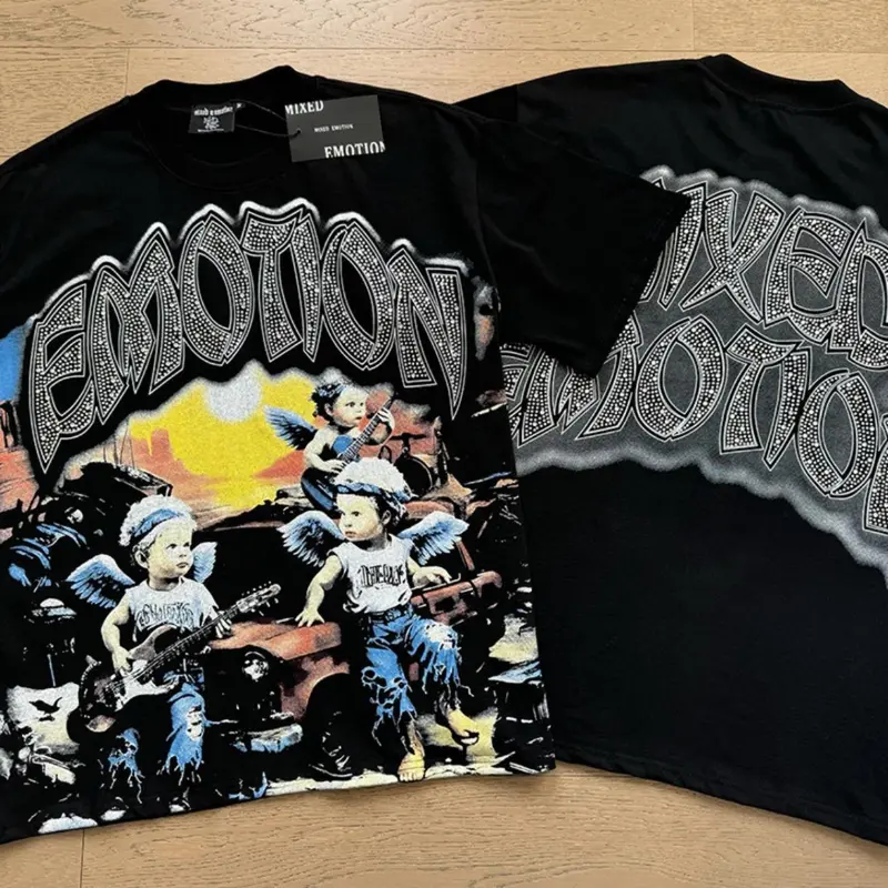 Men's Mixed Emotion Diamond Angel Graphic Tee - Vintage Washed Soft Cotton Streetwear Clothing, Loose-Fit Oversized Good Graphic Shirts, Summer Short-Sleeve Hip Hop Top