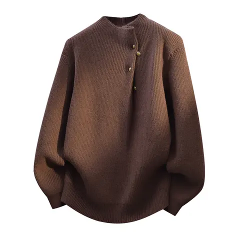 Stylish Menswear Men's Retro Casual Thick Mock Neck Pullover Knit Shirt - Medium-Length, Long Sleeve, Irregular Buttons, Textured Knit Style, Plain, Ribbed Cuffs & Hem, Autumn Winter Daily & Dating Wear, Cold Wash Compatible