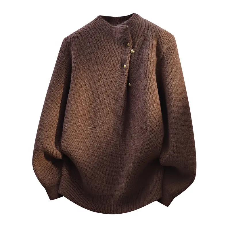 Stylish Menswear Men's Retro Casual Thick Mock Neck Pullover Knit Shirt - Medium-Length, Long Sleeve, Irregular Buttons, Textured Knit Style, Plain, Ribbed Cuffs & Hem, Autumn Winter Daily & Dating Wear, Cold Wash Compatible