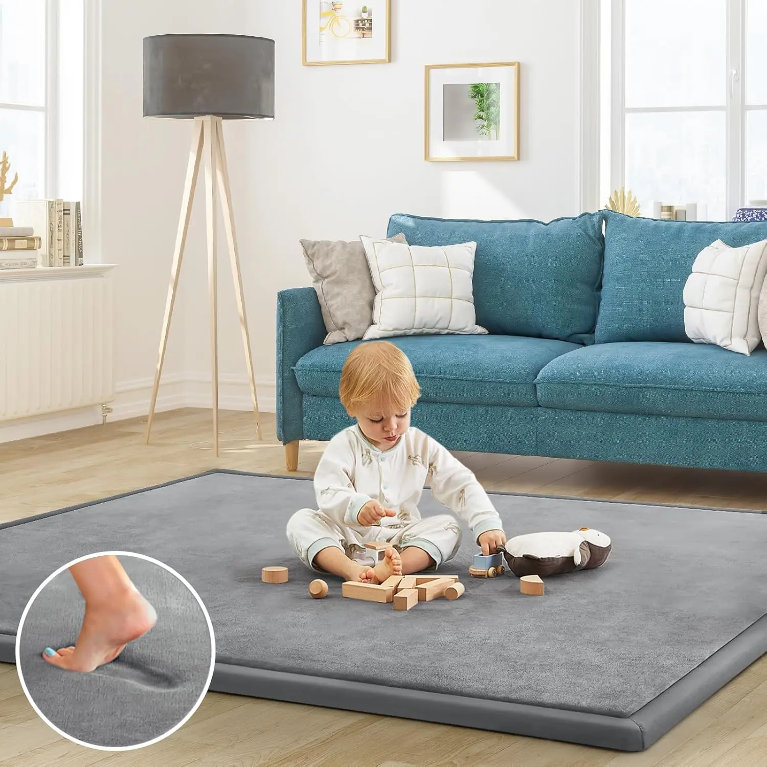 Play Mat  Floor Nursery Rug Muscle Mat Area Rug Playroom Rug 59"x79" Playpen Mat Memory Foam 1.3" Thick Crawling Mat  ,Toddlers, Infants, Kids,Grey Sensory Gym Play Mat