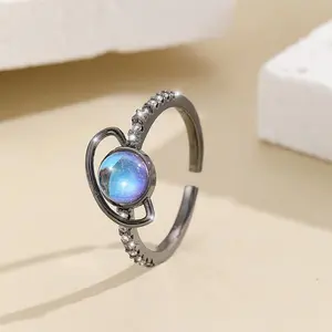 Elegant Ring Inlaid Light Blue Gemstone Earth Shape Cuff Adjustable Jewelry Unique Daily Decor Party Accessory