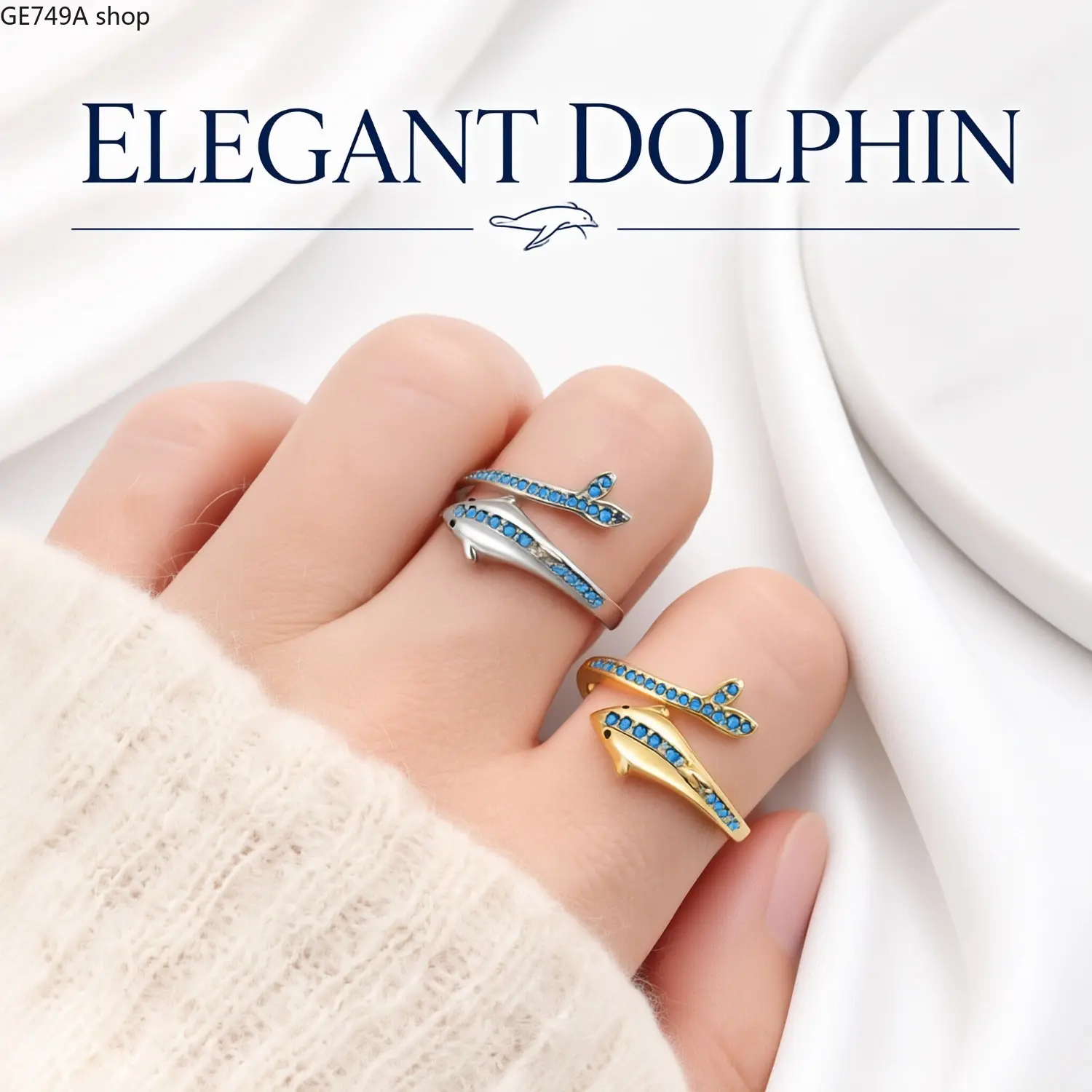 Women's Adjustable Size Blue Zircon Dolphin Shape Open Ring - Vintage Gold-Silver Plated Ring Jewelry, Marine Theme Dainty Aesthetic Finger Accessory, Birthday Gift Ideas for Her