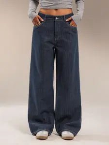 Vintage Striped Denim Jeans Y2K Aesthetic High Waist Loose Fit Wide Leg Long Pants, Trendy Street Style, Comfortable and Stylish