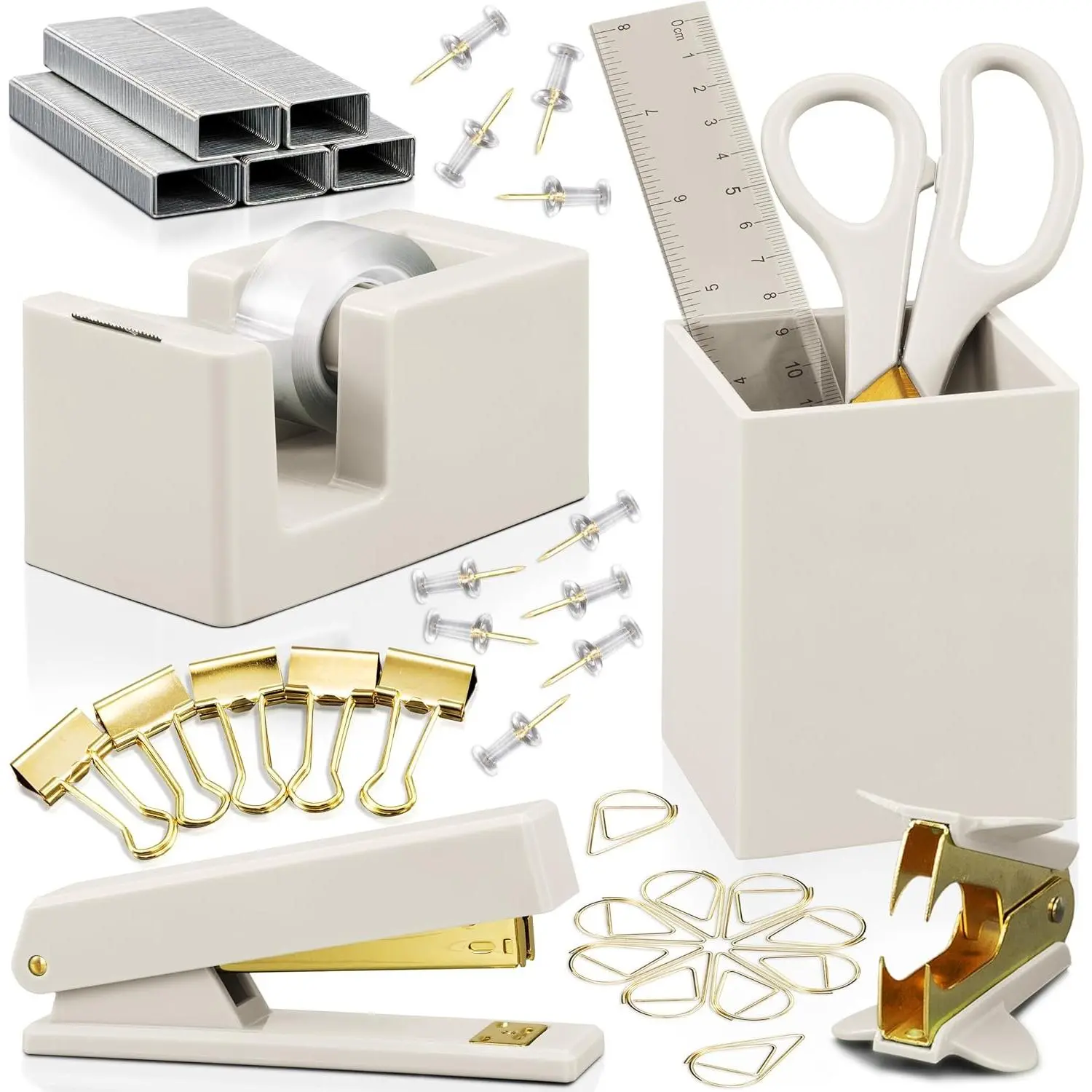 Desk Accessories Set Complete Desktop Organizer Set For Women Enhances Any Office Decor Gold Finish Office Supplies Kit incl Pen Holder Scissors Stapler Tape Dispenser & More