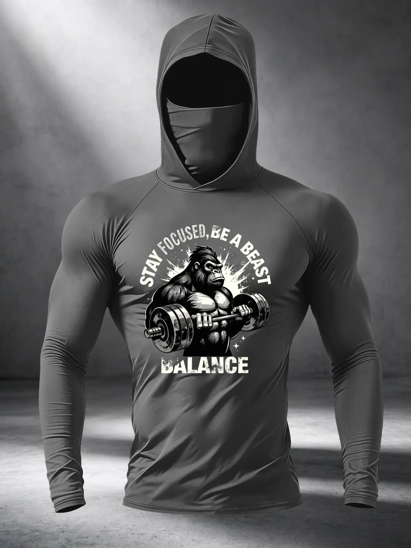 Bestselling Men's Long Sleeve Hooded Athletic Top, Stay Focus Beast Gorilla Dumbbell Print Fitness T-Shirt, Breathable Training & Running Jersey, Suitable for Bodybuilding and Weightlifting, Sport Hoodie