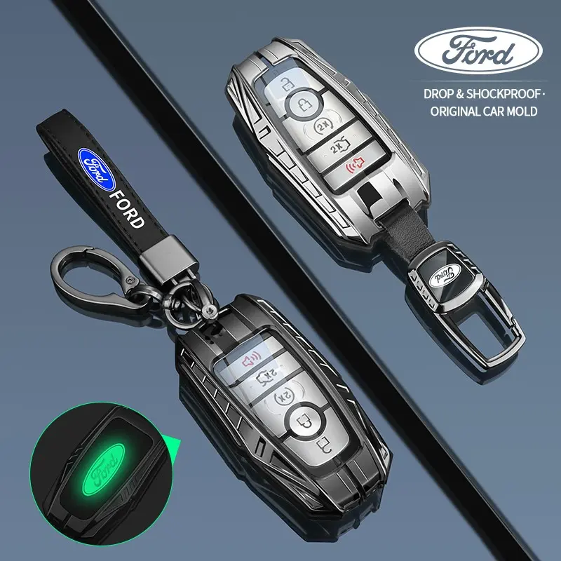 For Ford Explorer Edge Escape Focus Taurus Fusion Mustang Ranger F-150 F-250 Maverick C-Max Transit Expedition Bronco Sport Mondeo Mecha-Style Zinc Alloy Leather Car Key Protective Case accesorios para llavero funda llave