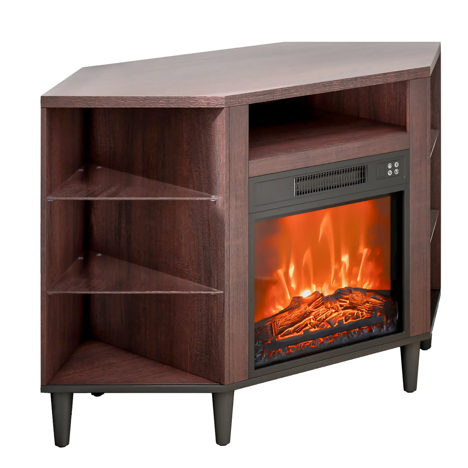 Electric Fireplace TV Stand, Corner TV Stand for TVs up to 50", Corner Console with 18" Fireplace, Vintage Design, 20 LED Lights, Remote Control & Timer for Living Room, Brown