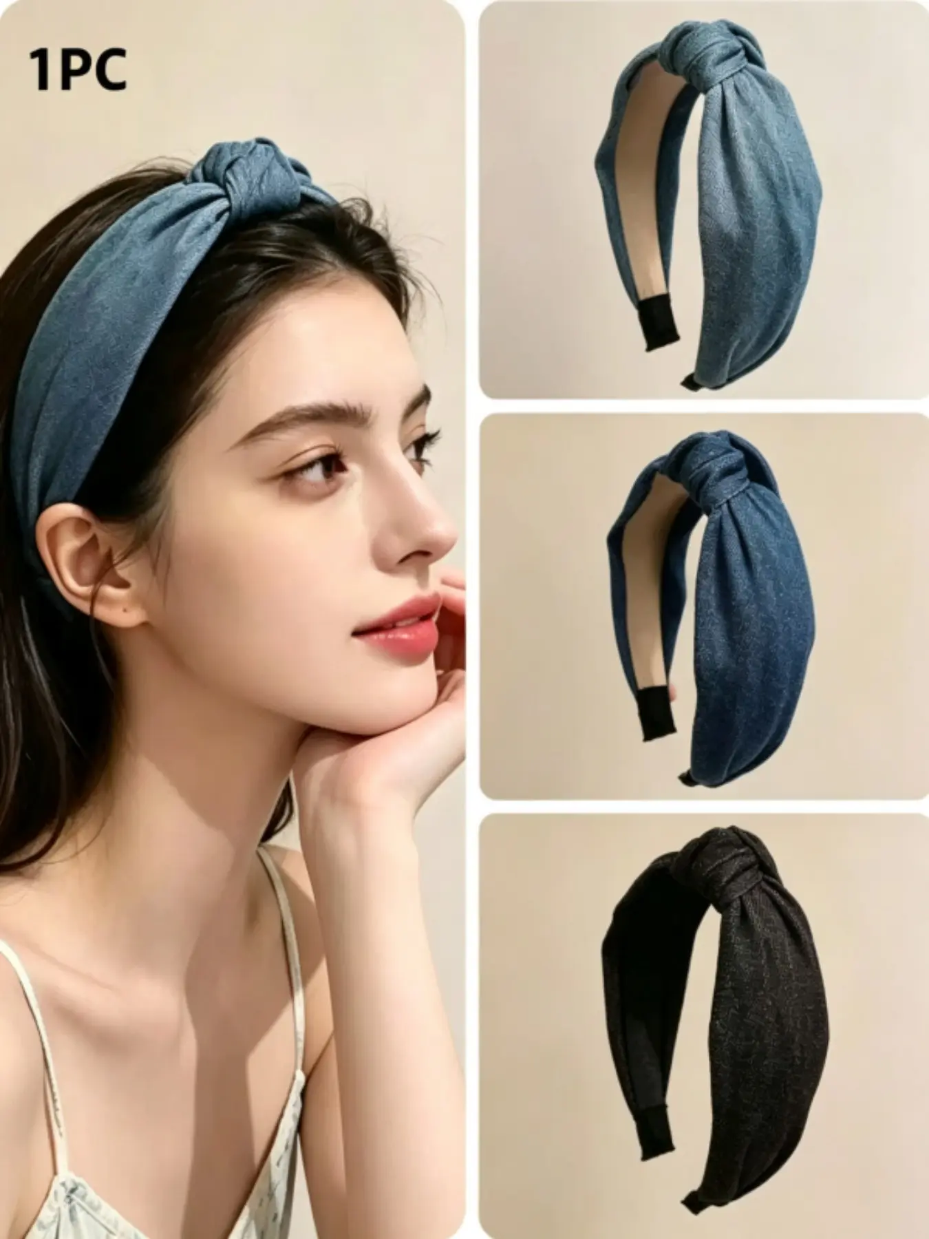 Women's Vintage Denim Hairband, Wide Strap Non-Slip Headband, Retro Washed Denim Fabric Knot Hair Tie, Fashion Accessory, 3 Colors Available