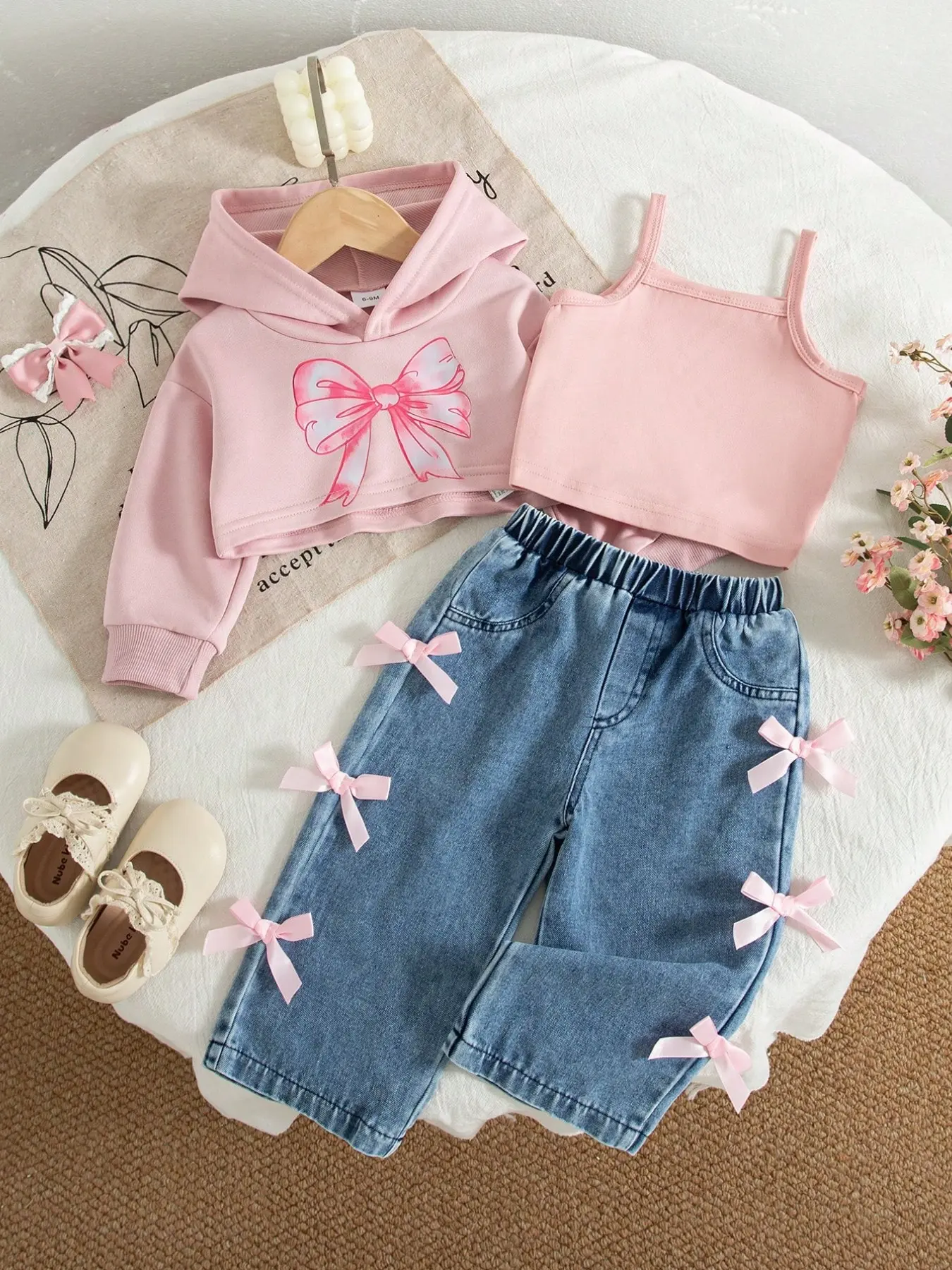 Autumn Winter Baby Girl American Style Casual Bow Print Hoodie, Solid Color Tank Top, Ribbon Bow Jeans Set of Three Pieces