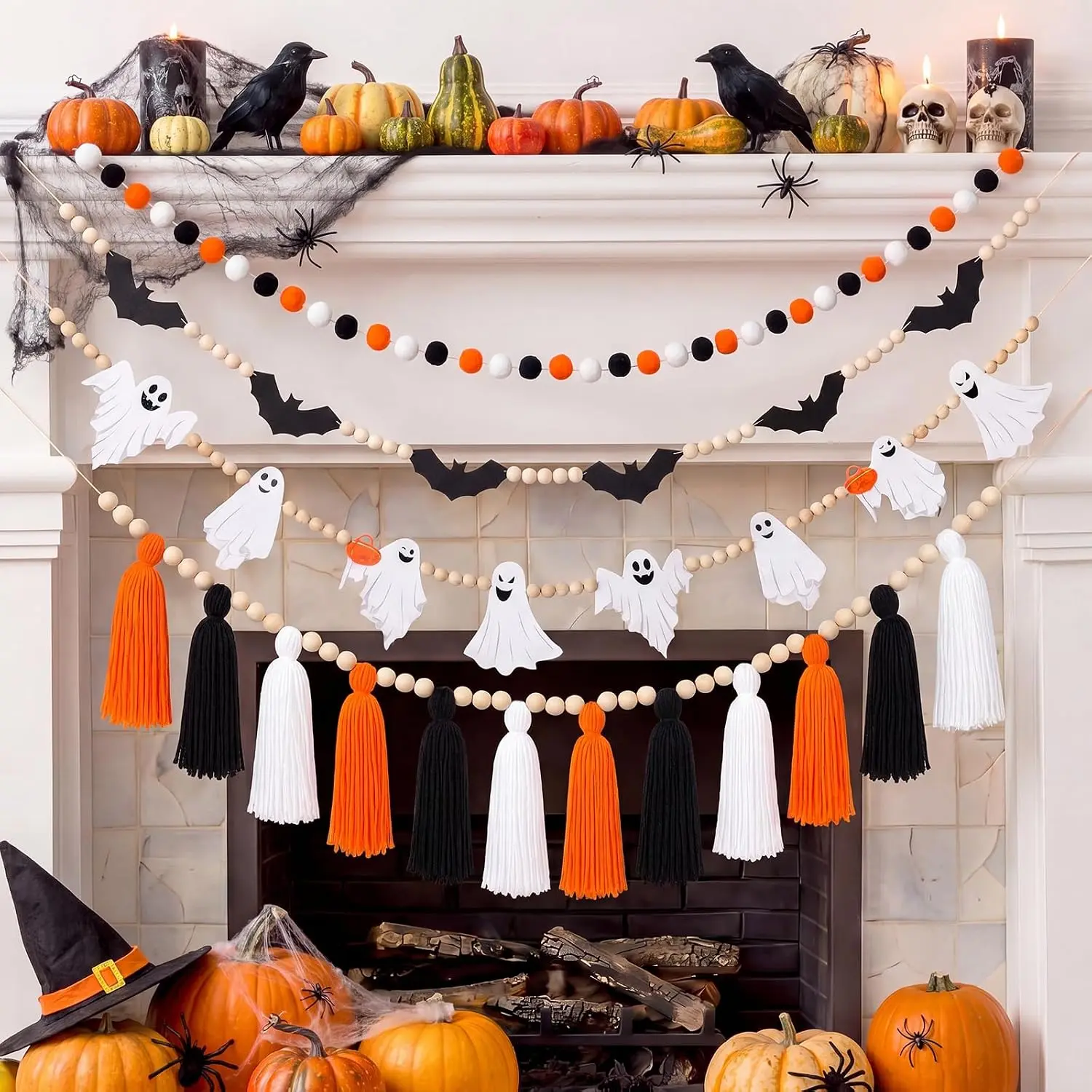 4 count Halloween Banner Set 6.6ft Wooden Bead  Bat Tassel Garland Black Orange White Decor Spooky  Banners Trick or  Garland for Halloween  Fireplace Mantel Decoration