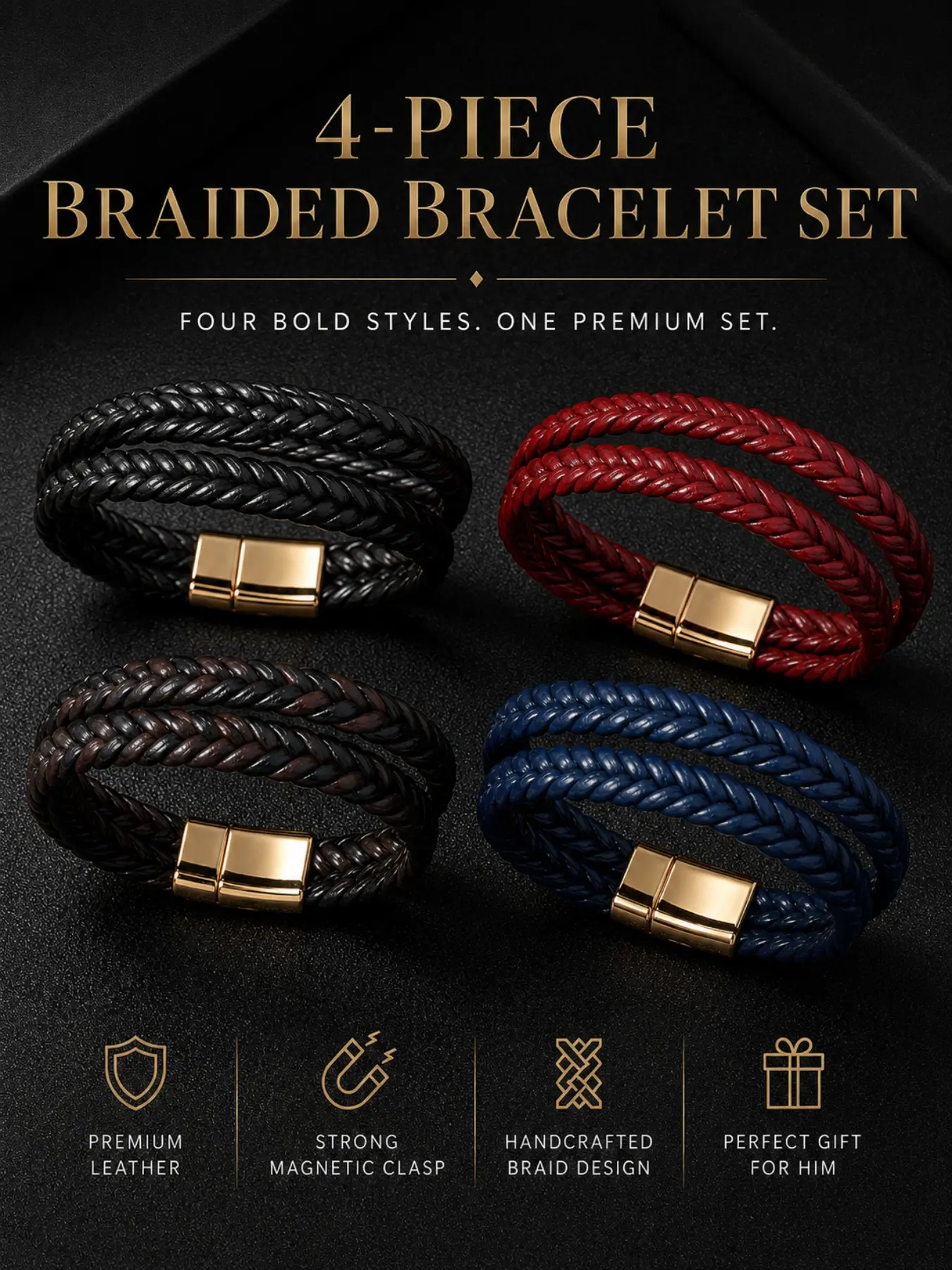 4pcs Men's Braided PU Leather Bracelet Set, Magnetic Clasp Multicolor Wristbands, Classic Punk Style, Perfect Gift for Boyfriend, Family, Father's Day