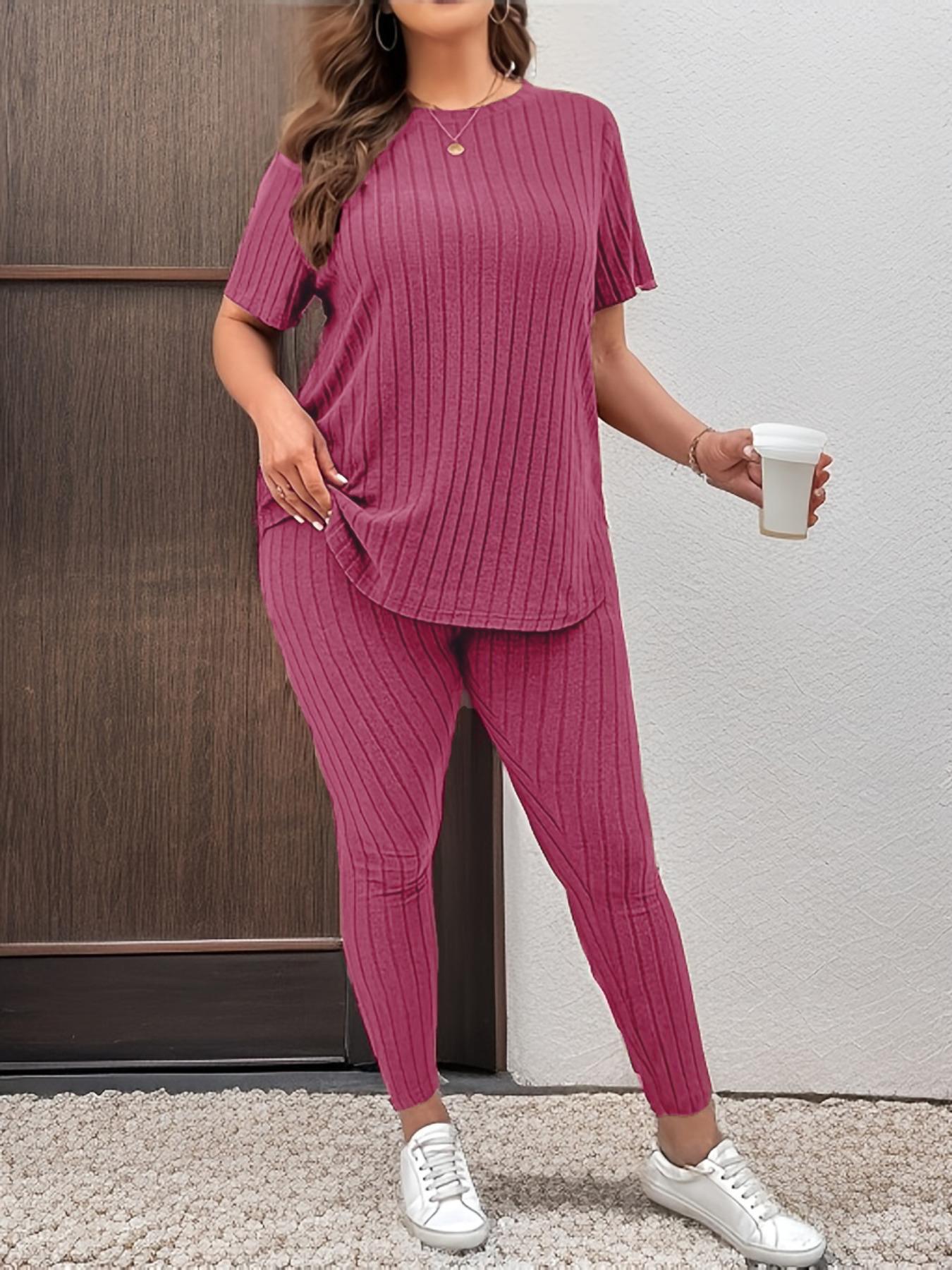 【Plus Size】 Two-Piece Set Solid Drop Shoulder Top & Skinny Pants Ribbed Pajama Set, Casual Comfy Round Neck Long Sleeve Top & Trousers Set, Women's Sleepwear for Fall & Winter