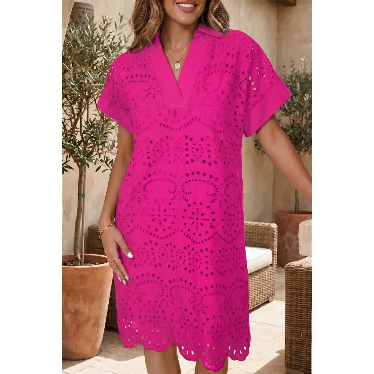Women's Rose Red Solid Cotton Short-Sleeve Lightweight Eyelet Embroidered Basic T-Shirt Mini Dress - Casual Everyday Clothes with Charm