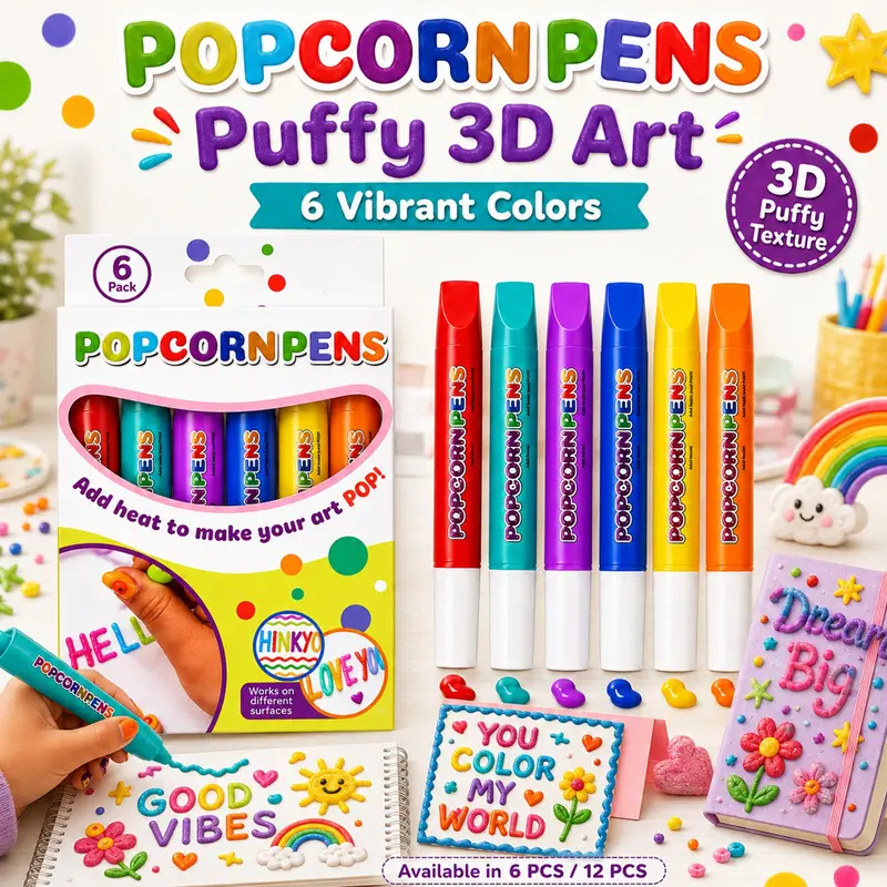 6/12 PCS Popcorn Pens, 2026 New Popcorn Pens Puffy 3D Art, Bubble Drawing Pens with 3D Relief Texture Effect, Vibrant Color DIY Craft Paint Markers for Scrapbooks, Art Projects, Classroom Activities and Creative Drawing