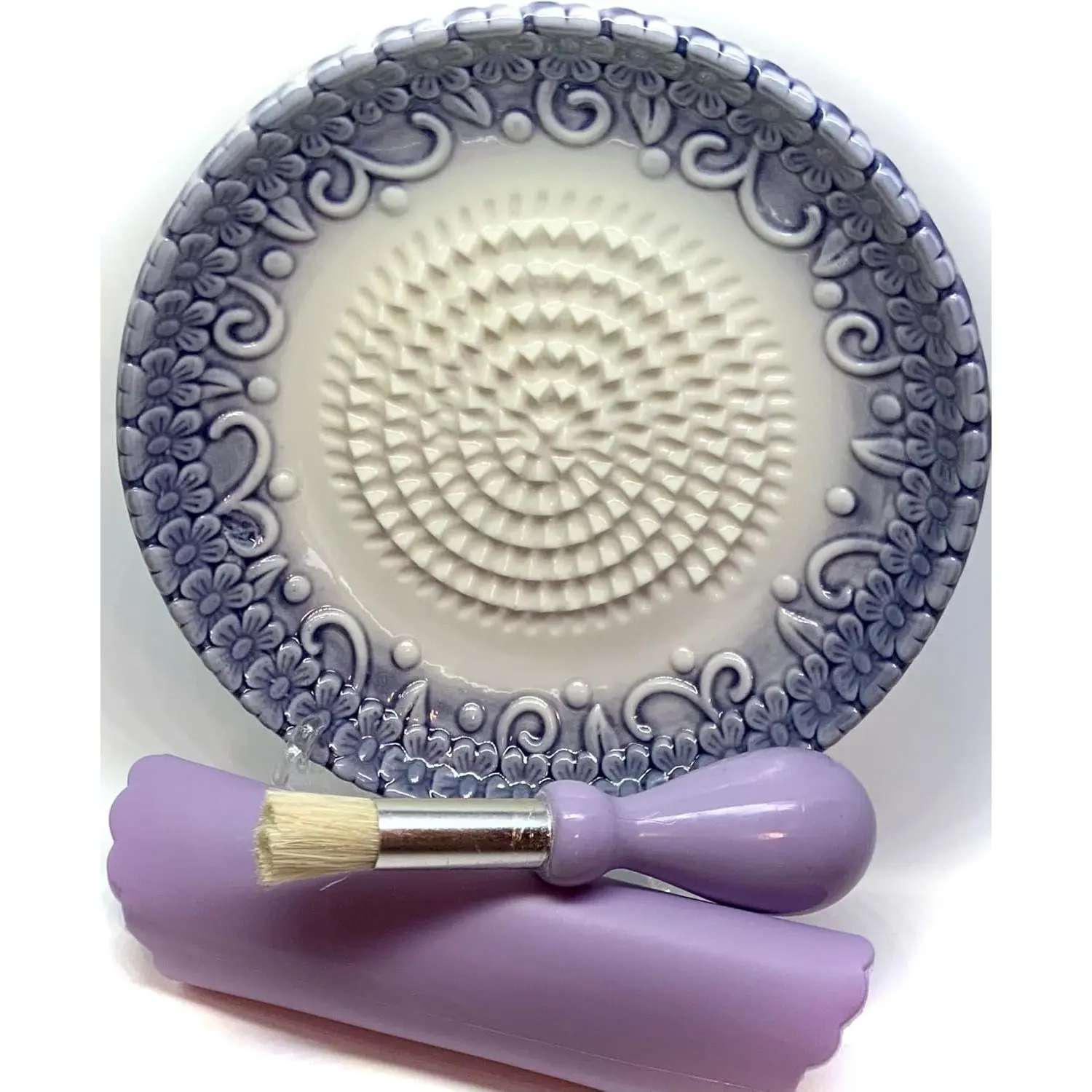 , All-in-one Premium Ceramic Garlic Grater Plate 4-Piece Set - Purple Embossed Design and Style - For Garlic, Ginger, Chocolate, and more! - Comes with 5.25" Plate, Peeler, Brush, and Stand