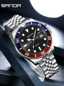 Sanda 1099 New Submariner Watch, Luminescent, Waterproof, Steel Band Quartz Men's Watch, Multiple Colors, Luminous Calendar, Rotatable Bezel