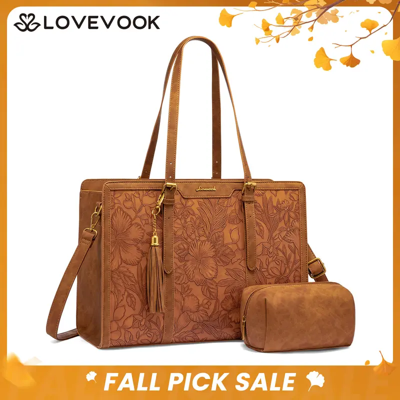 LOVEVOOK Canvas Laptop Tote Bag 15.6 & 17.3 inches for Women with Clutch Purse, Lightweight Tote Bag with 2 Cup Holder, Purses for Women, Computer bag for Work, Office, Casual.  outdoorfun