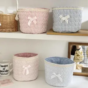 Blue Stripe Minimalist Cotton Magnetic Lace Cylinder Storage Box, Handmade Ballet-Inspired Home Organiser for Desktop Sundries Sorting