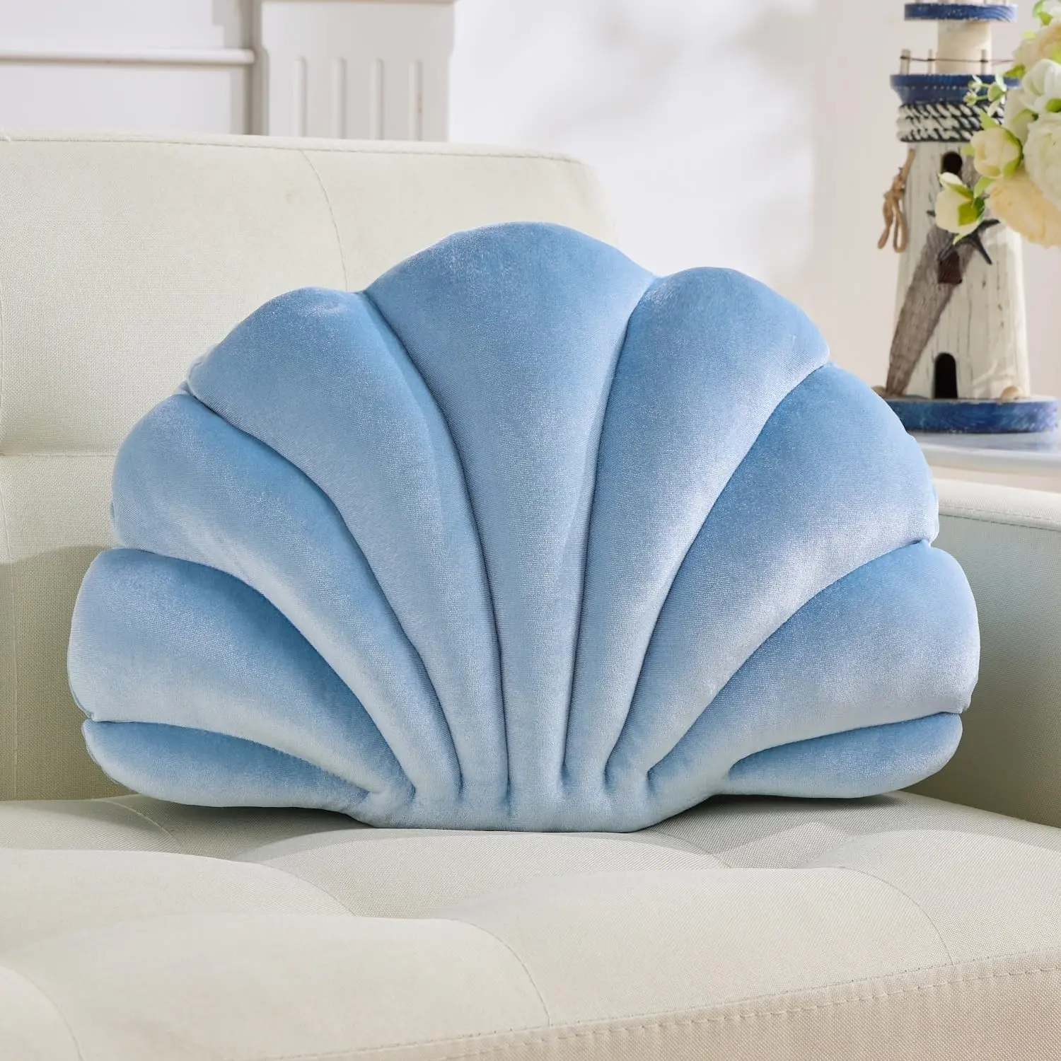 Shell Pillow,Light Blue Seashell Pillow 13x10 Inch | Decorative Throw Pillows,Velvet,PP Cotton Fill,Coastal Beach Sea Shell Theme,for Sofa Couch Bed,Room Decor Accent