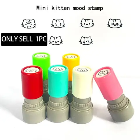 Mini Round Cat Mood Light Sensor Stamp, Creative Kitty Expression Postage Stamps, Teacher Classroom Decorative Self-Inking Rubber Stamp Office Supplies