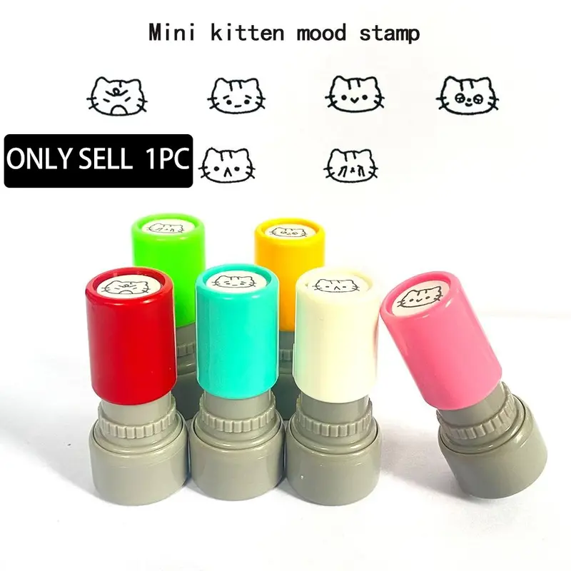 Mini Round Cat Mood Light Sensor Stamp, Creative Kitty Expression Postage Stamps, Teacher Classroom Decorative Self-Inking Rubber Stamp Office Supplies