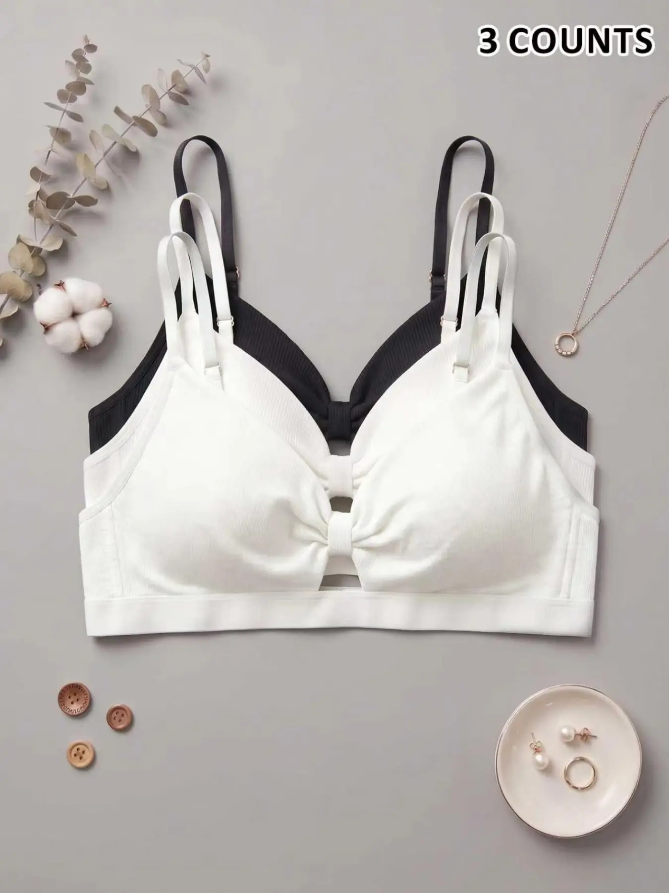 Solid Color Ribbed Striped Bra, Wireless Design, Ribbed Knit Fabric, Hollow Out Butterfly Knot, Wide Band Bottom for Stable Support