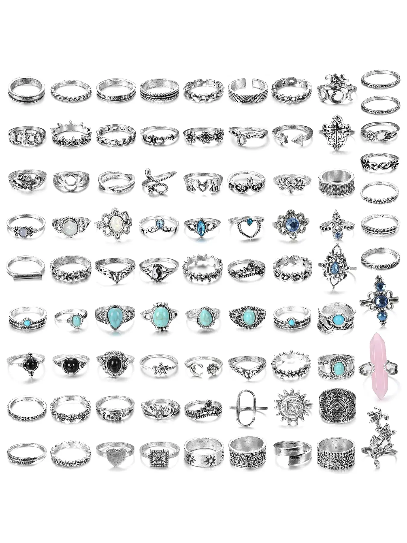 82 Pcs Vintage Silver Knuckle Rings Set for Women Teen Girls Bohemian Stackable Joint Finger Rings Retro Stone Crystal Stacking Midi Rings Pack