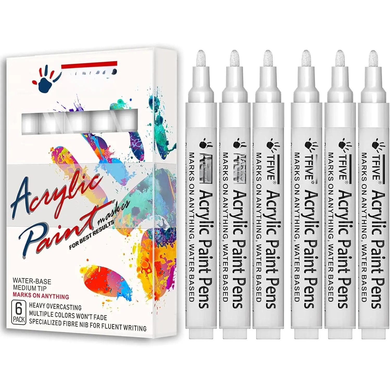 White   Markers 6 count, Permanent  Pens Medium Tip | , Quick Dry, Fade Resistant, Water Based Marker Pen for Rock Painting, , Plastic, Metal, Glass, Rubber