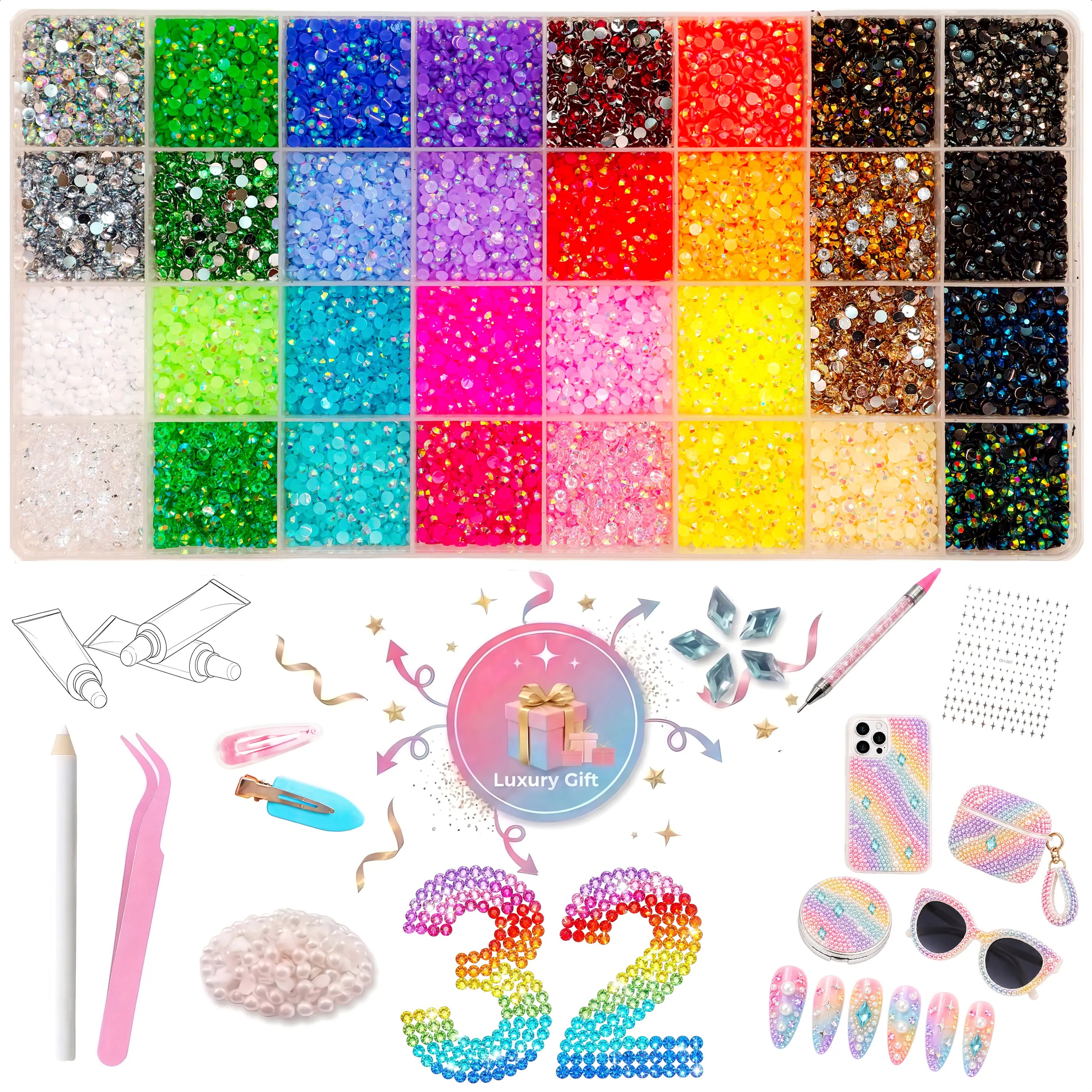 32 Color Jelly Rhinestone Bedazzling Kit, 40,000+ 3mm Sparkly Resin Gems with Complete DIY Tool Set, Dual-Ended Pickup Pen, Tweezers, Pearl Gems, Blue Rhombus Rhinestones & Star Nail Stickers for DIY Phone Cases, Tumblers, Nail Art & Crafts